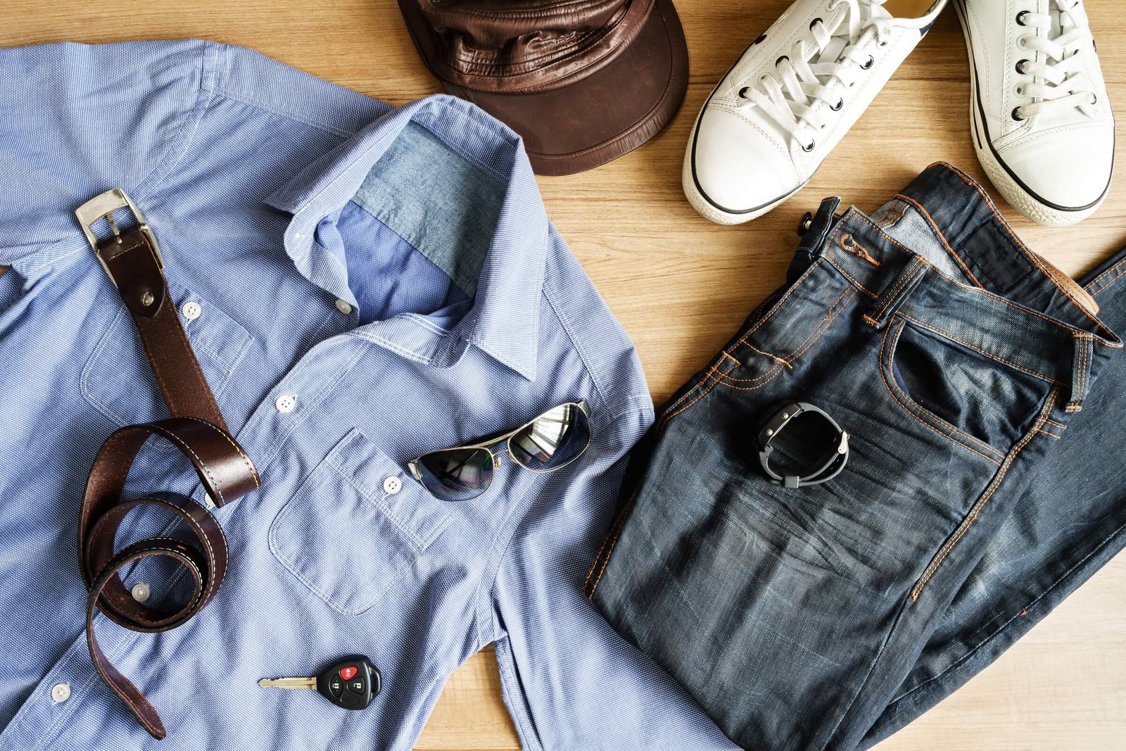 Flat Lay Of Men Casual Fashion Outfits On Wooden B P8XWEHX